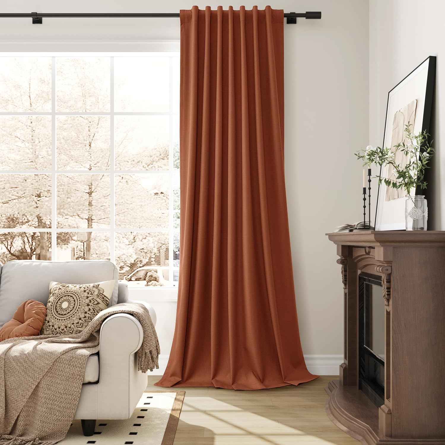 Guken Terracotta Linen 100% Blackout Curtains 102 Inch Long for Bedroom 2 Panels Set Black Out Room Darkening Thermal Insulated Soundproof…