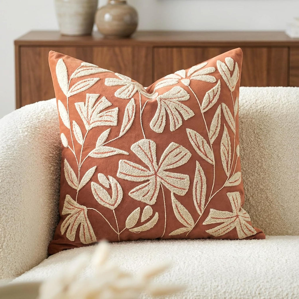 BlissBlush 20x20 Throw Pillow Cover, Brick Red Square Decorative Cushion Cover for Couch Sofa, Floral Tufted Embroidered Velvet Farmhouse…