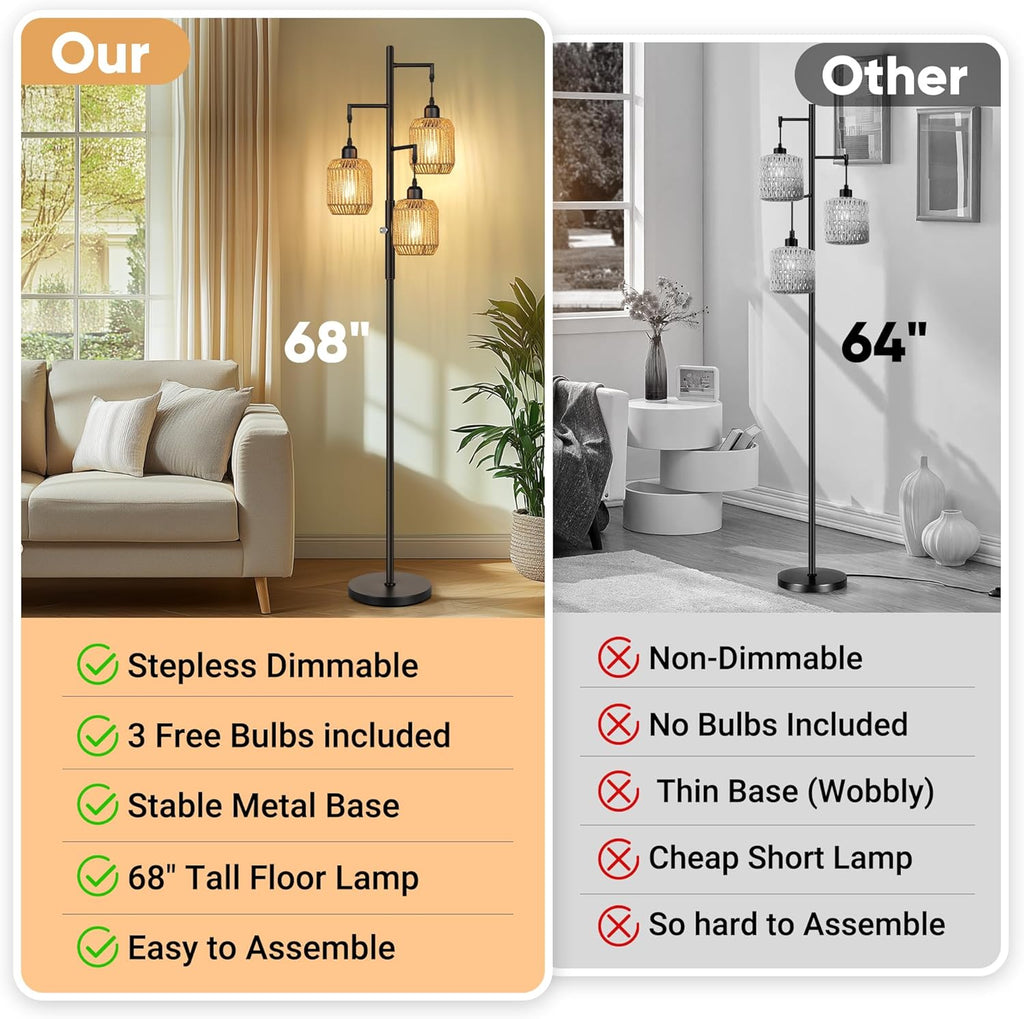 ROTTOGOON Dimmable Boho Floor Lamp - 3 Light Farmhouse Rattan Floor Lamp for Living Room, Industrial Tree Floor Lamps with 3 X 6W LED…