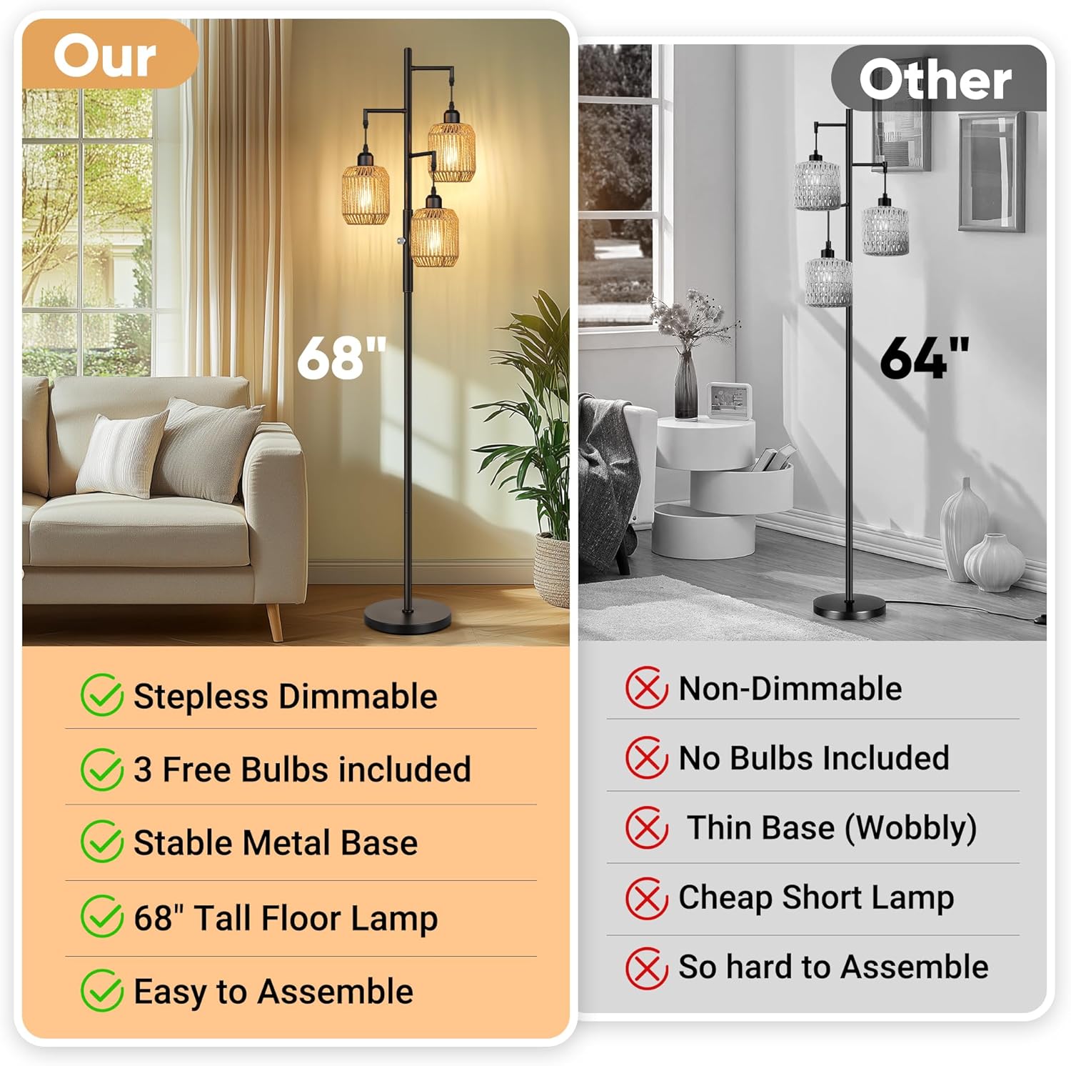 ROTTOGOON Dimmable Boho Floor Lamp - 3 Light Farmhouse Rattan Floor Lamp for Living Room, Industrial Tree Floor Lamps with 3 X 6W LED…
