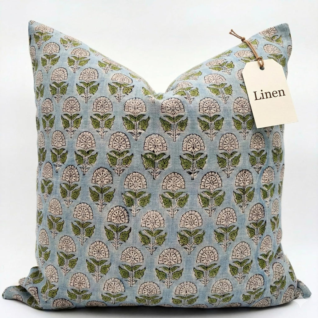 LineandLoop Linen Throw Pillow Covers 20x20 inch Blue Green Spring Decorative Pillow Covers for Living Room, Bedroom 2 inches cotton Blue