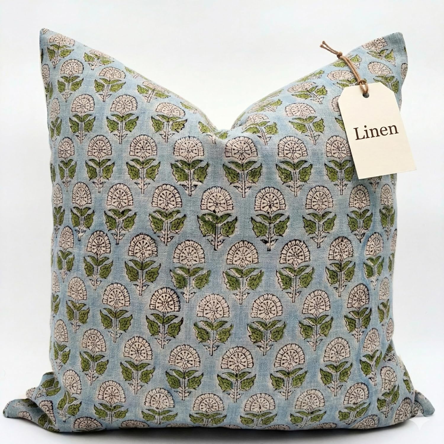 LineandLoop Linen Throw Pillow Covers 20x20 inch Blue Green Spring Decorative Pillow Covers for Living Room, Bedroom 2 inches cotton Blue