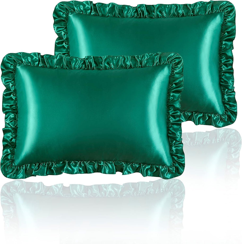 HommxJF Silky Satin Ruffled Pillow Cases for Hair and Skin, Blackish Green Silk Pillowcases Standard Set of 2 with Envelope Closure Princess…