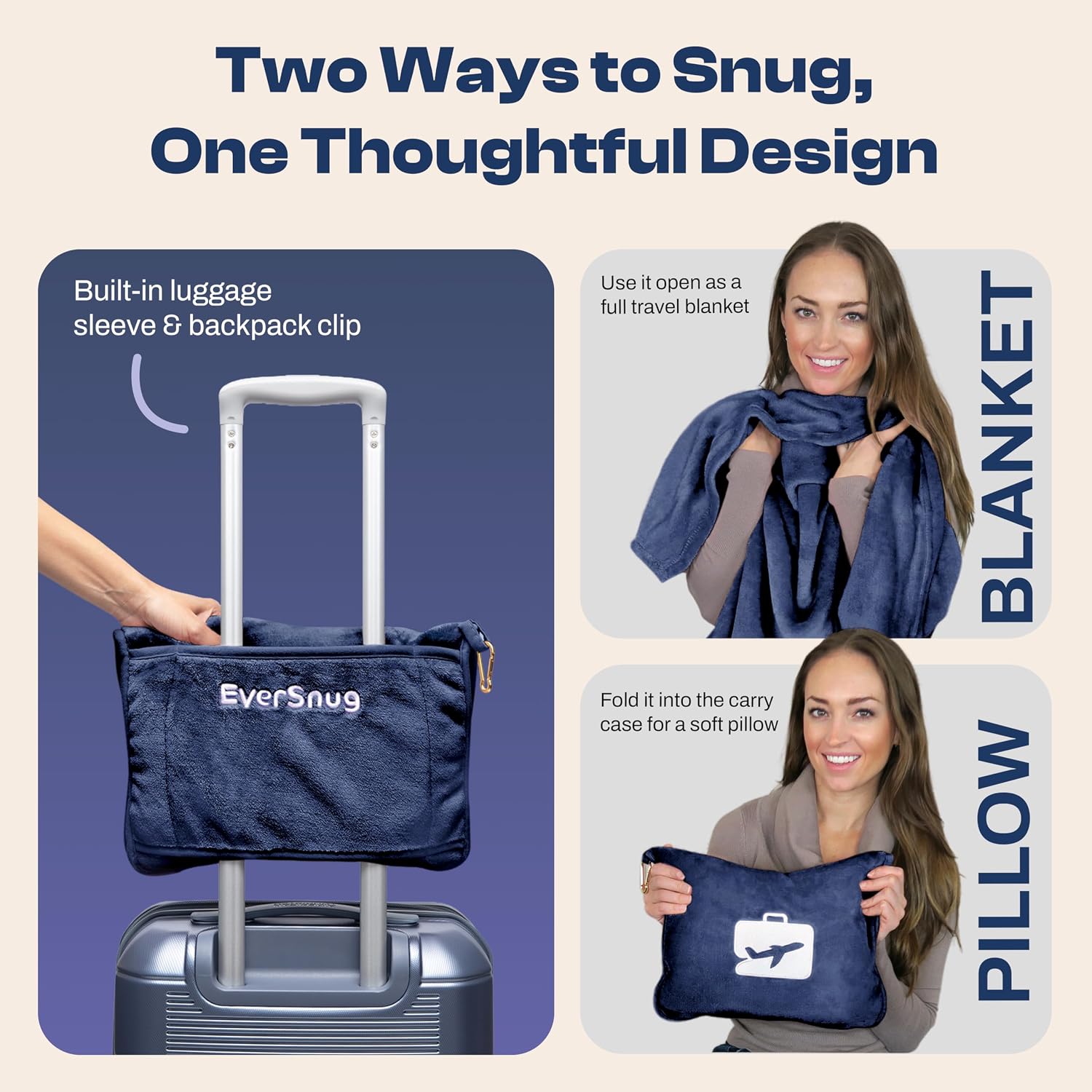 EverSnug Travel Blanket and Pillow - Premium Soft 2 in 1 Airplane Blanket with Soft Bag Pillowcase, Hand Luggage Sleeve and Backpack Clip…