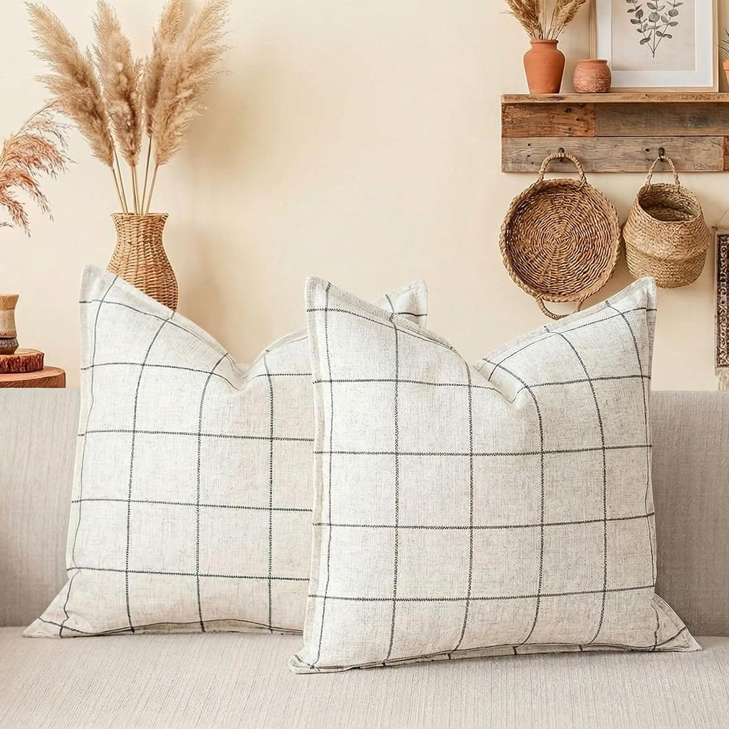 CARRIE HOME White Euro Pillow Covers 26x26 Set of 2, White Checkered Plaid Decorative Linen Pillow Covers 26 x 26, Ivory Cream Minimalist…