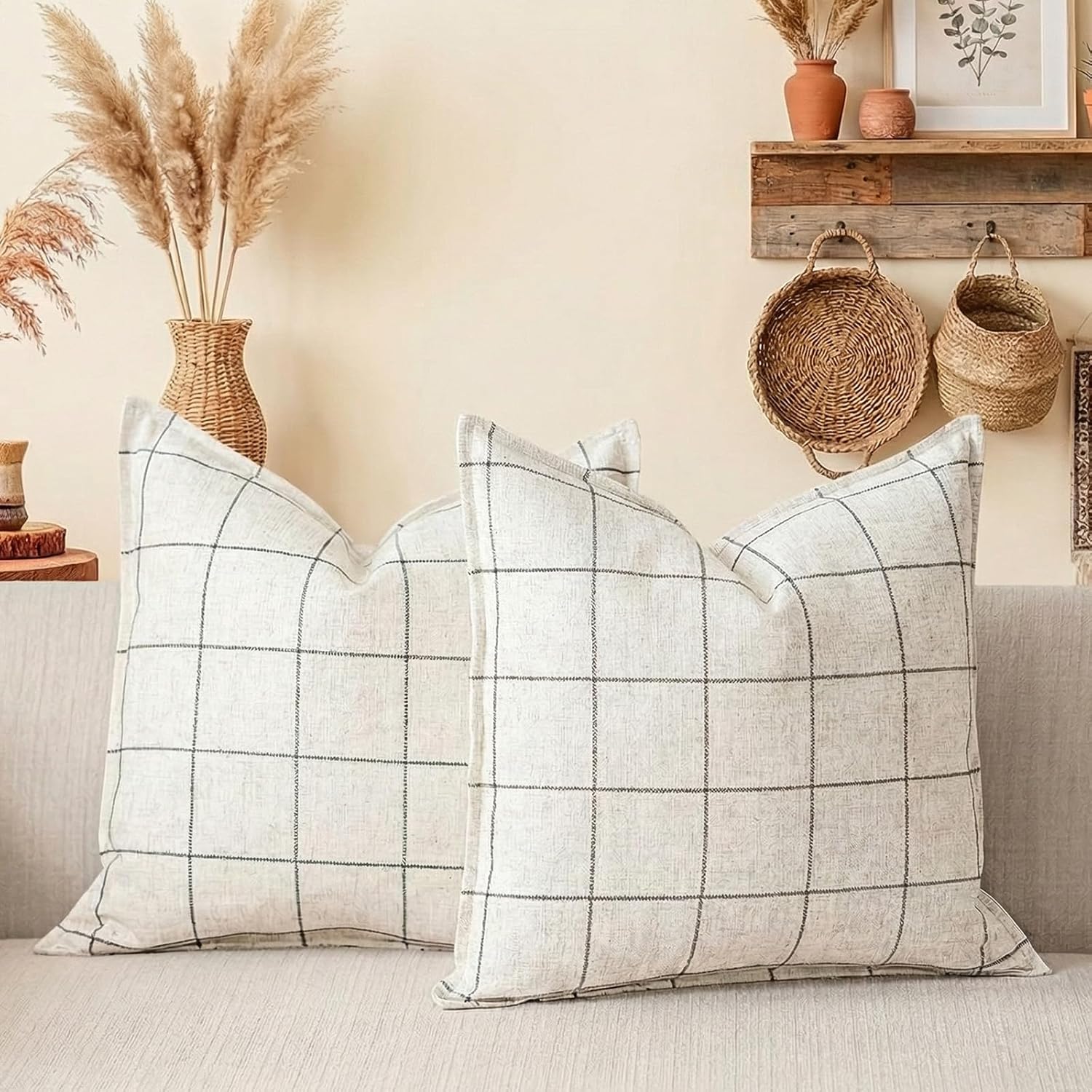 Cream White Plaid Throw Pillow Covers 18x18 Set of 2, Boho Decor White Checkered Decorative Pillows for Couch 18 x 18, Modern Farmhouse…