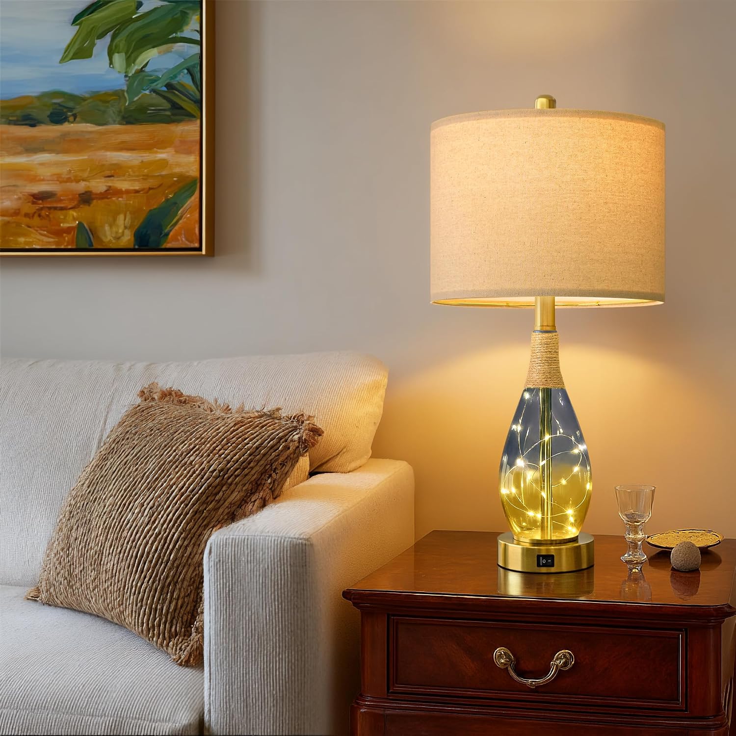 OYEARS 23" Table Lamps for Living Room Set of 2, Bedside Lamps for Night Stands, Rattan Lamps for Bedroom, Farmhouse Lamps with Glass…