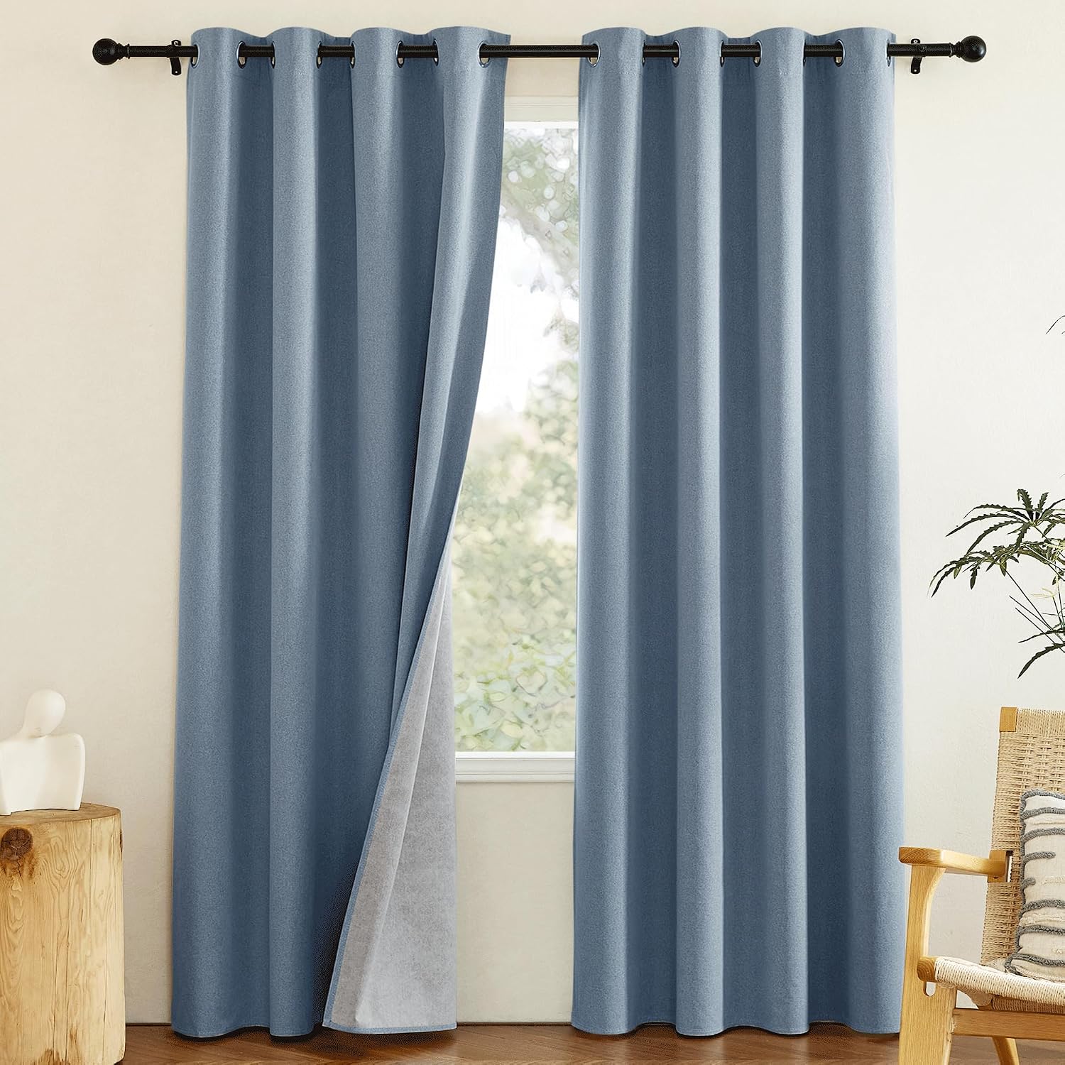 NICETOWN Stone Blue Full Shade Faux Linen Curtain Panels 84" Long, Pair of Energy Smart & Noise Blocking Out Blackout Drapes for Guest…