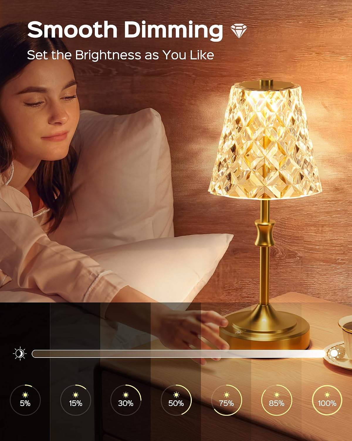 JACKYLED Cordless Lamp Rechargeable, Acrylic Crystal Lampshade, 3 Colors with Built-in Dimmer, 5400mAh Battery Operated, Wireless Lamp…