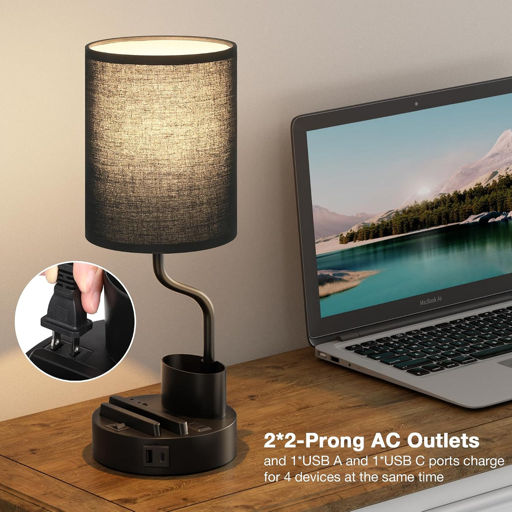Black Bedside Table Lamps for Bedroom Set of 2 - Nightstand Light with AC Outlet and USB A & C for Charging, 3 Color Temperatures Desk…