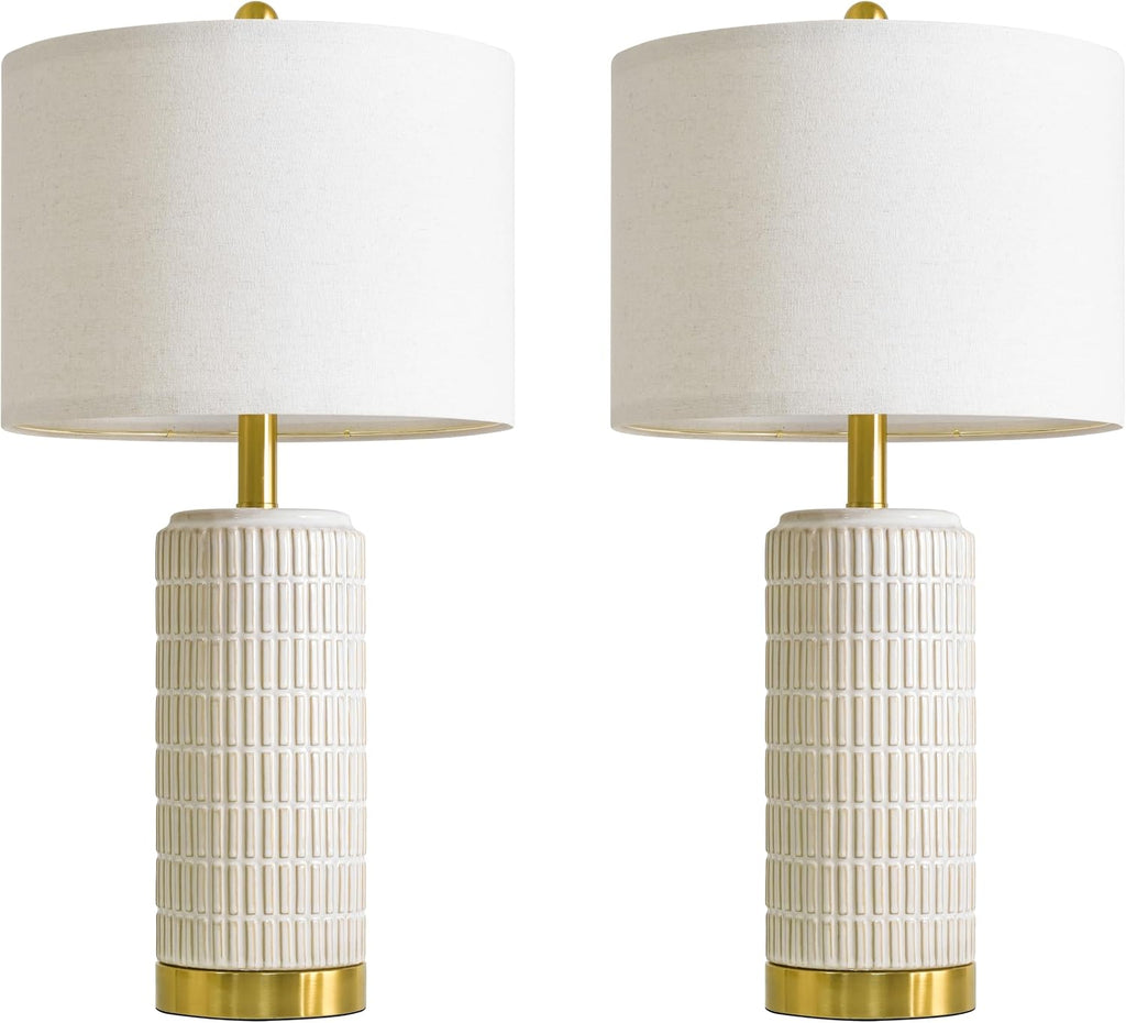 Pokat 25'' Modern Table Lamps Set of 2 for Living Room with Gold Base, White Farmhouse Bedside Lamps for Bedroom, Nightstand Lamps for Offi…