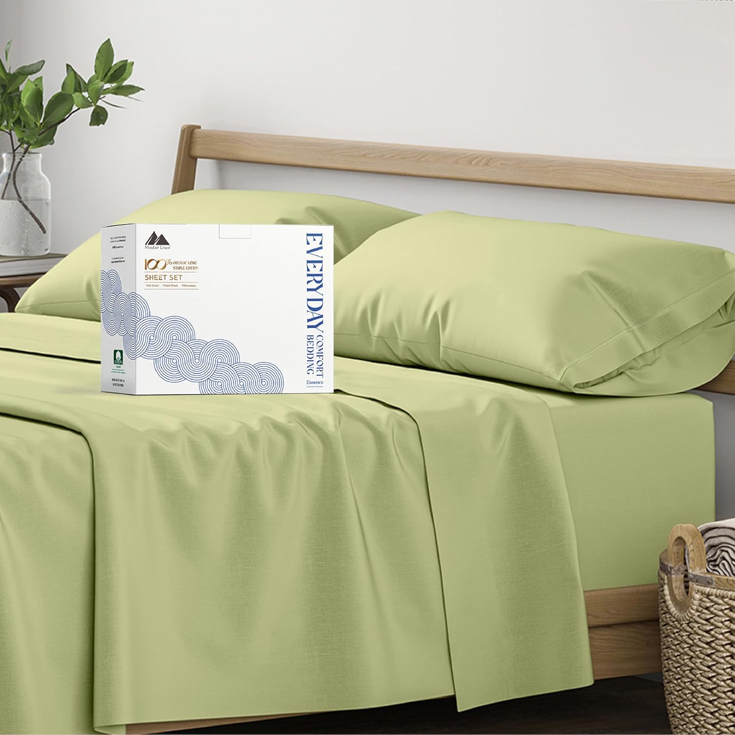 Mayfair Linen 100% Organic Cotton Sheets King Size - 4 PC Organic Cotton King Percale Weave Sheet Set, Soft, Cooling, Crisp & Breathable…