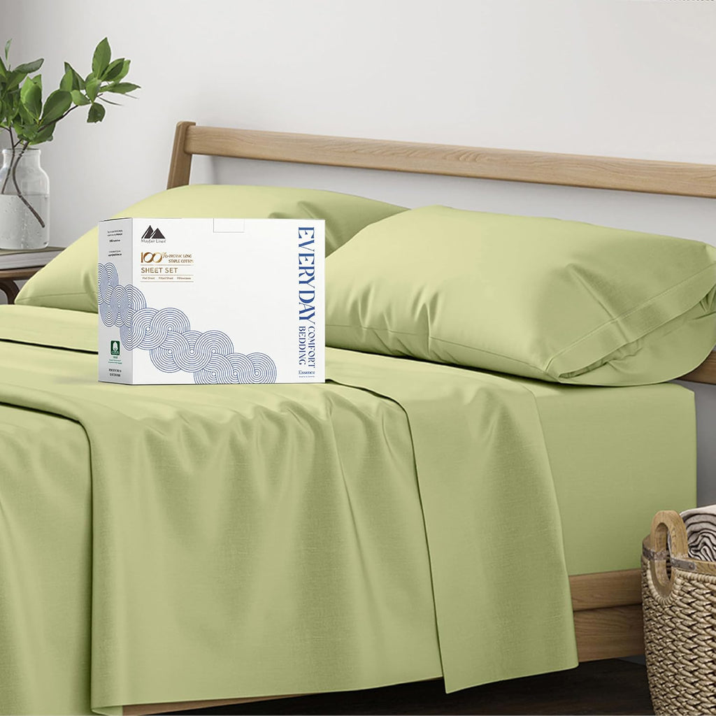 Mayfair Linen 100% Organic Cotton Sheets Twin XL Size - 3 PC Organic Cotton Percale Sheets Twin XL Set (Sage Green), Soft, Crisp, Cooling…
