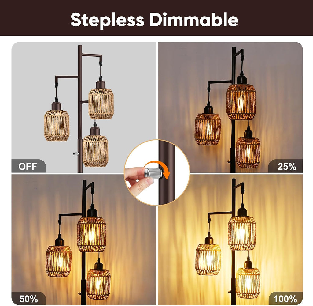 ROTTOGOON Dimmable Boho Floor Lamp - 3 Light Farmhouse Rattan Floor Lamp for Living Room, Industrial Tree Floor Lamps with 3 X 6W LED…