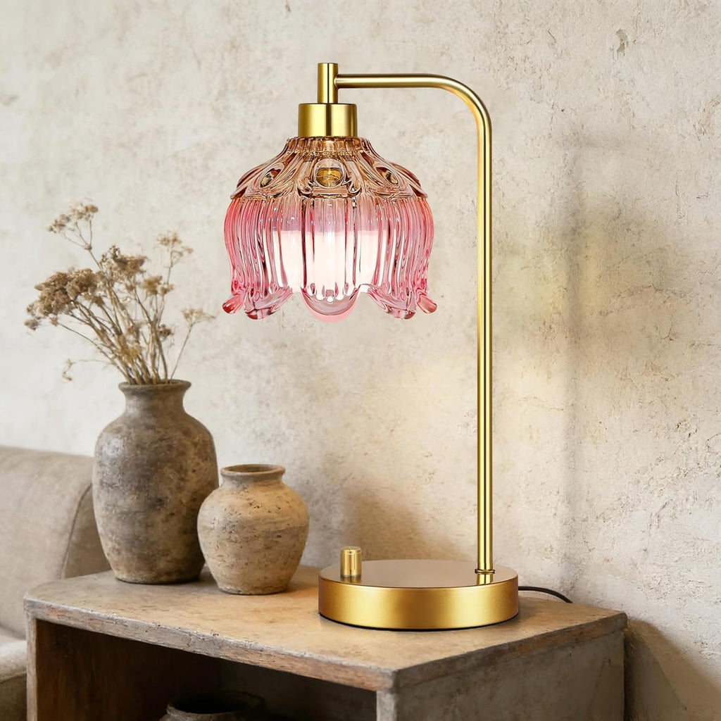 ILLMTW Pink Table Lamp Set of 2, Small Gold Bedside Lamps Dimmable Boho Bedroom Lamp with Tulip Flower Glass Lamp Shade, Vintage Mid…