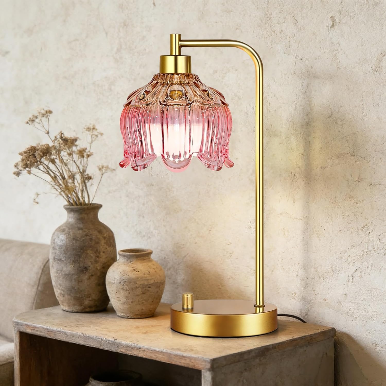 ILLMTW Pink Table Lamp Set of 2, Small Gold Bedside Lamps Dimmable Boho Bedroom Lamp with Tulip Flower Glass Lamp Shade, Vintage Mid…