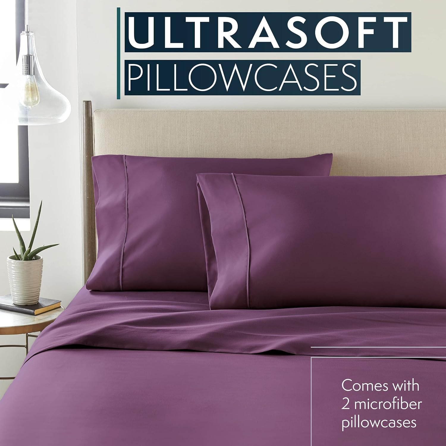 HCCollection HC Collection Queen Pillow Cases Set of 2- Microfiber, Extra Soft Pillowcases - easy maintenance & Machine Washable - Purple…