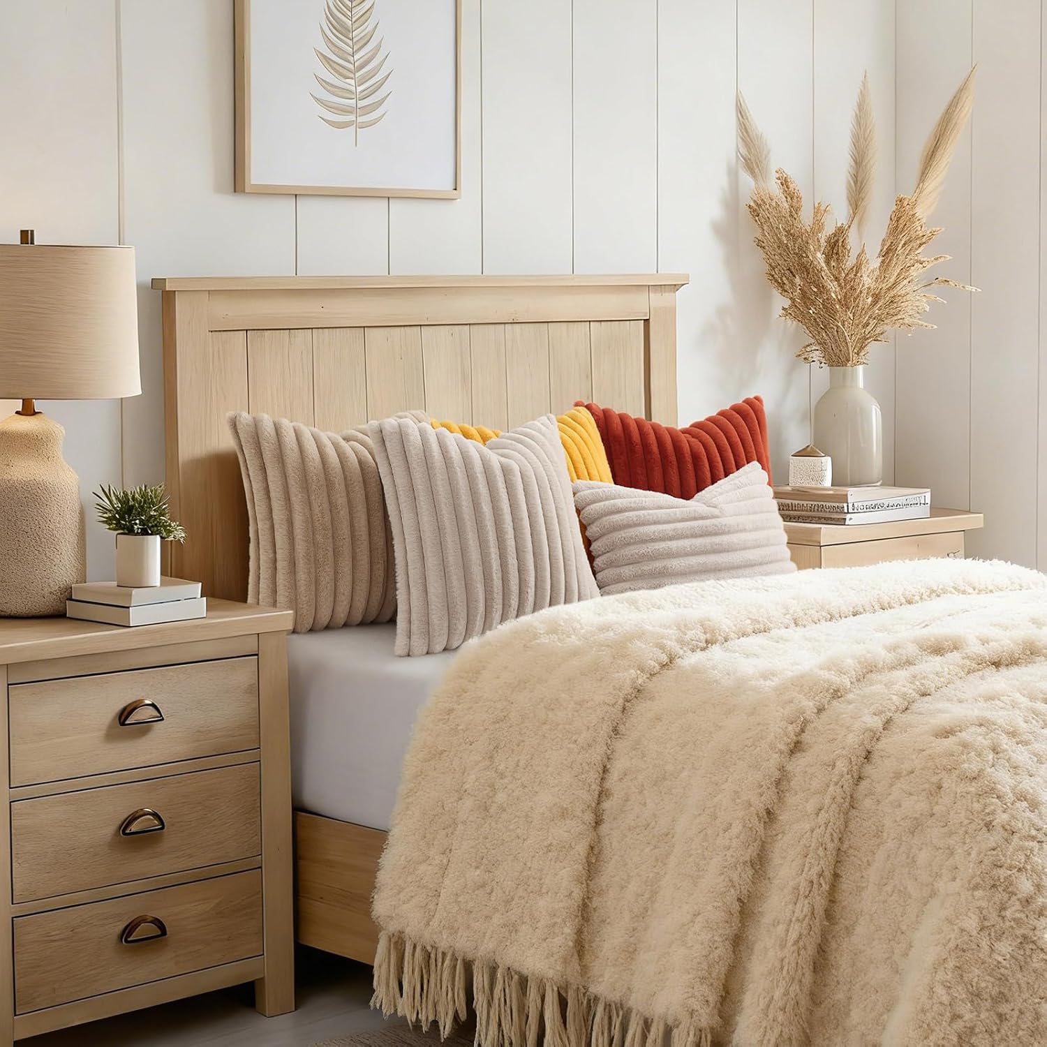 decorUhome Summer Cozy Faux Fur Throw Pillow Covers 18x18 Set of 2 Decorative Soft Plush Striped Modern Farmhouse Boho Couch Pillow Cases w…