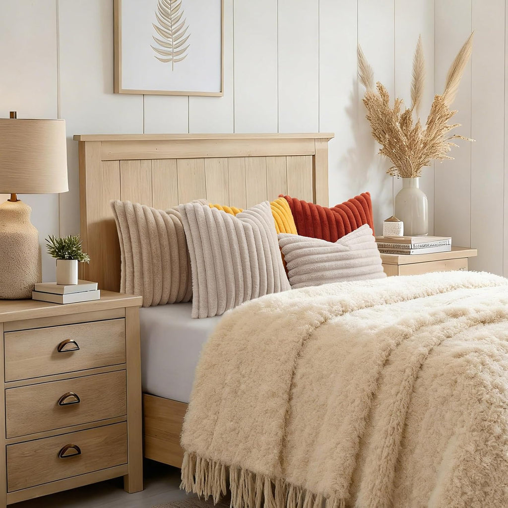 decorUhome Cozy Faux Fur Throw Pillow Covers 20x20 Set of 2 Decorative Soft Plush Striped Modern Farmhouse Boho Couch Pillow Cases with Vel…
