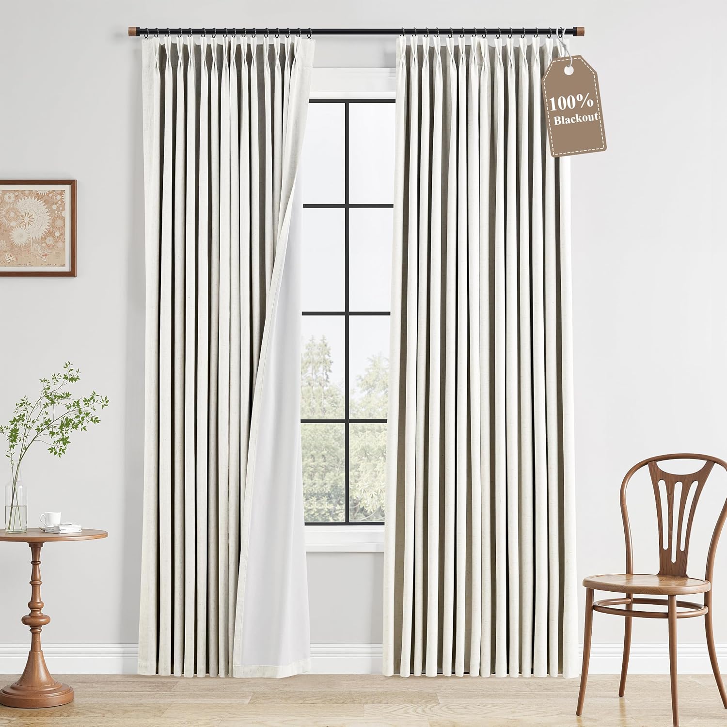 Boodii 100% Blackout Linen Pinch Pleated Curtains Beige 84 Inch Length 2 Panels for Living Room Bedroom Boho Farmhouse with Hooks Light Blo…