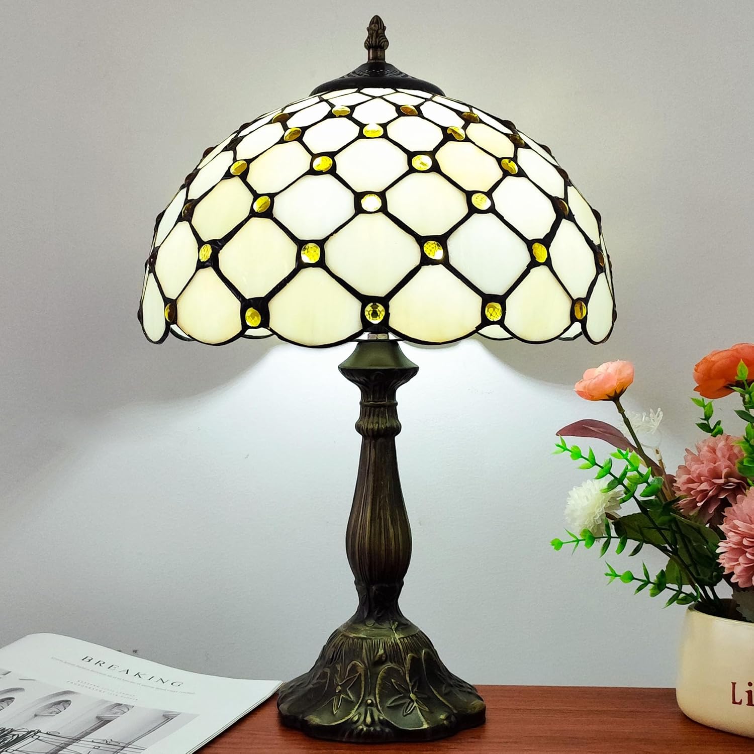 Tiffany Lamp Stained Glass Table Lamp - Antique Bedside Desk Reading Light With 3-Way Color LED - Living Room Nightstand 12X12X19 Inches…