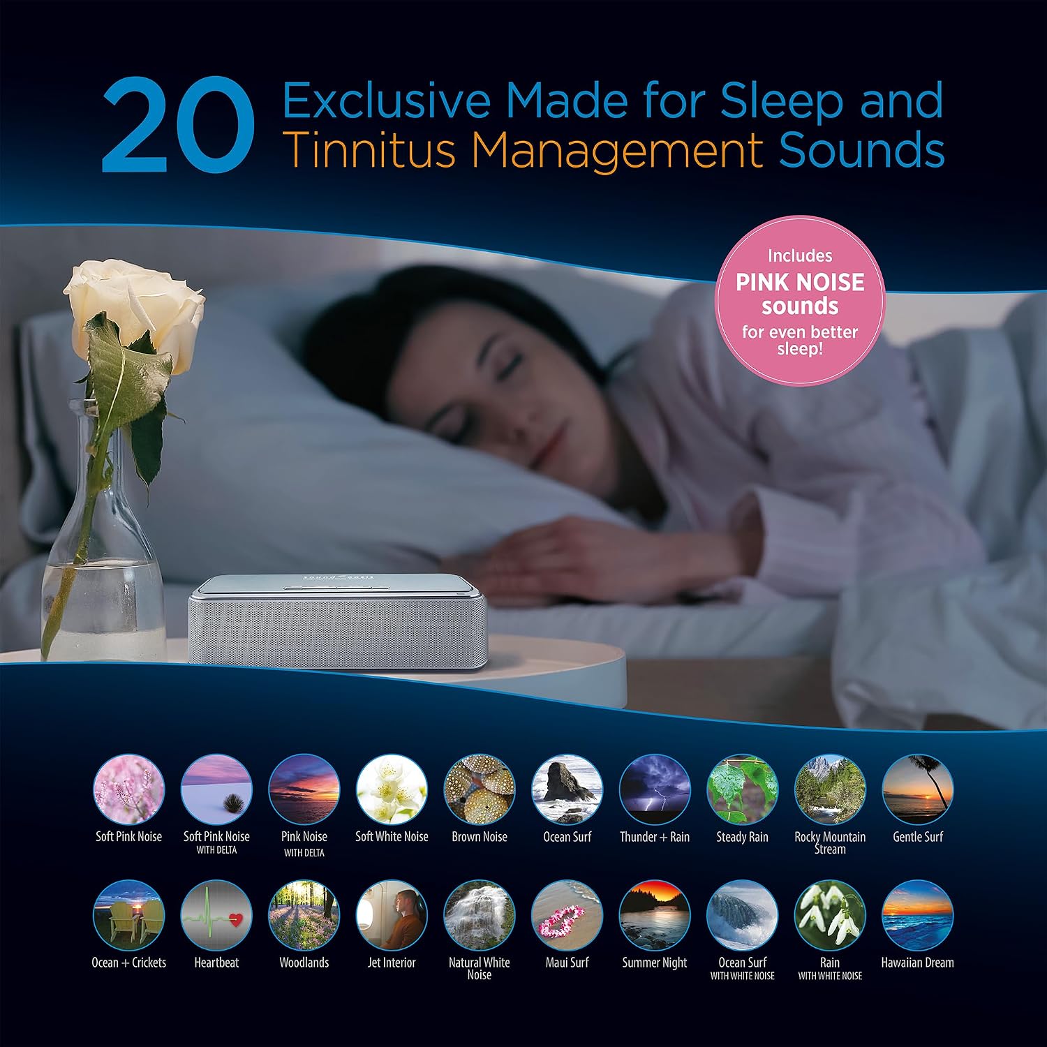 SoundOasis Sound Oasis Stereo Bluetooth Sound Machine for Sleep and Tinnitus Masking, 20 Non-Looping Soothing Sounds Plus Pink Noise, Hi-Fi…