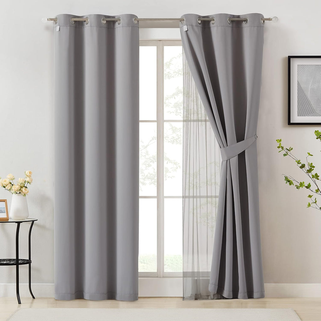 Bujasso Grey 90% Blackout Curtains with Sheer Overlay Mix and Match Double Layer Window Curtains Thermal Insulated 63 inch for Living Room…