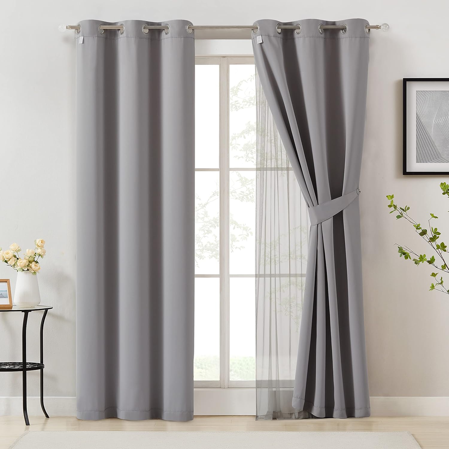 Bujasso Grey 90% Blackout Curtains with Sheer Overlay Mix and Match Double Layer Window Curtains Thermal Insulated 84 inch for Living Room…