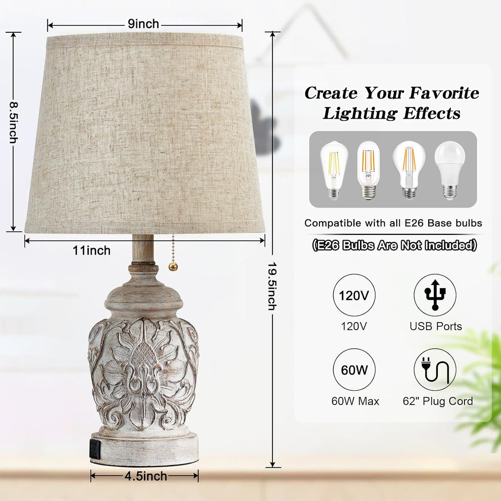 19.5" Vintage Rustic Table Lamp Set of 2 Farmhouse Table Lamps for Living Room Bedroom Decor with USB Ports Traditional Carved Floral…