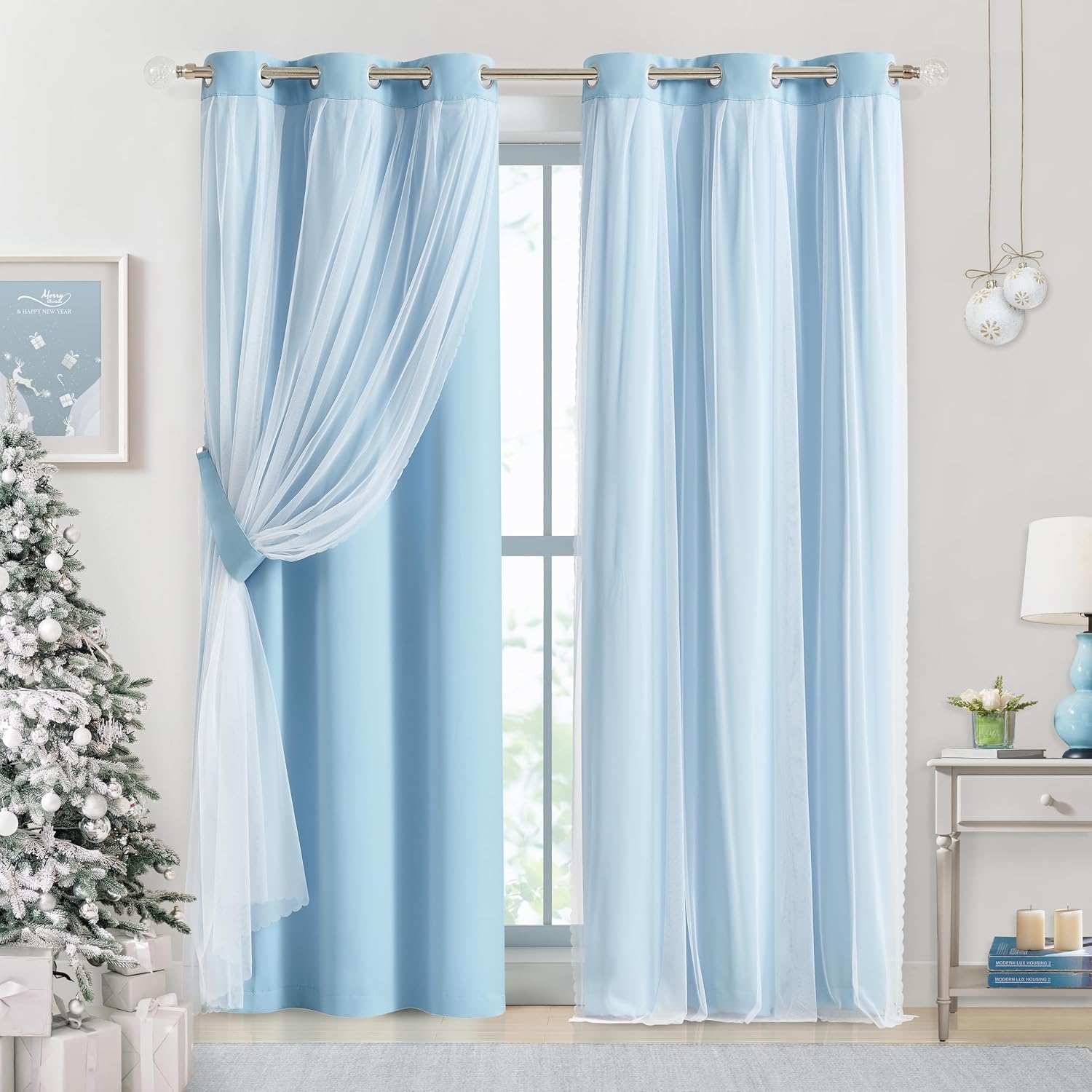 Bujasso Sky Blue 80% Blackout Curtains with Sheer Overlay Mix and Match Double Layer Thermal Insulated Window Panels 84 inch for Living Roo…
