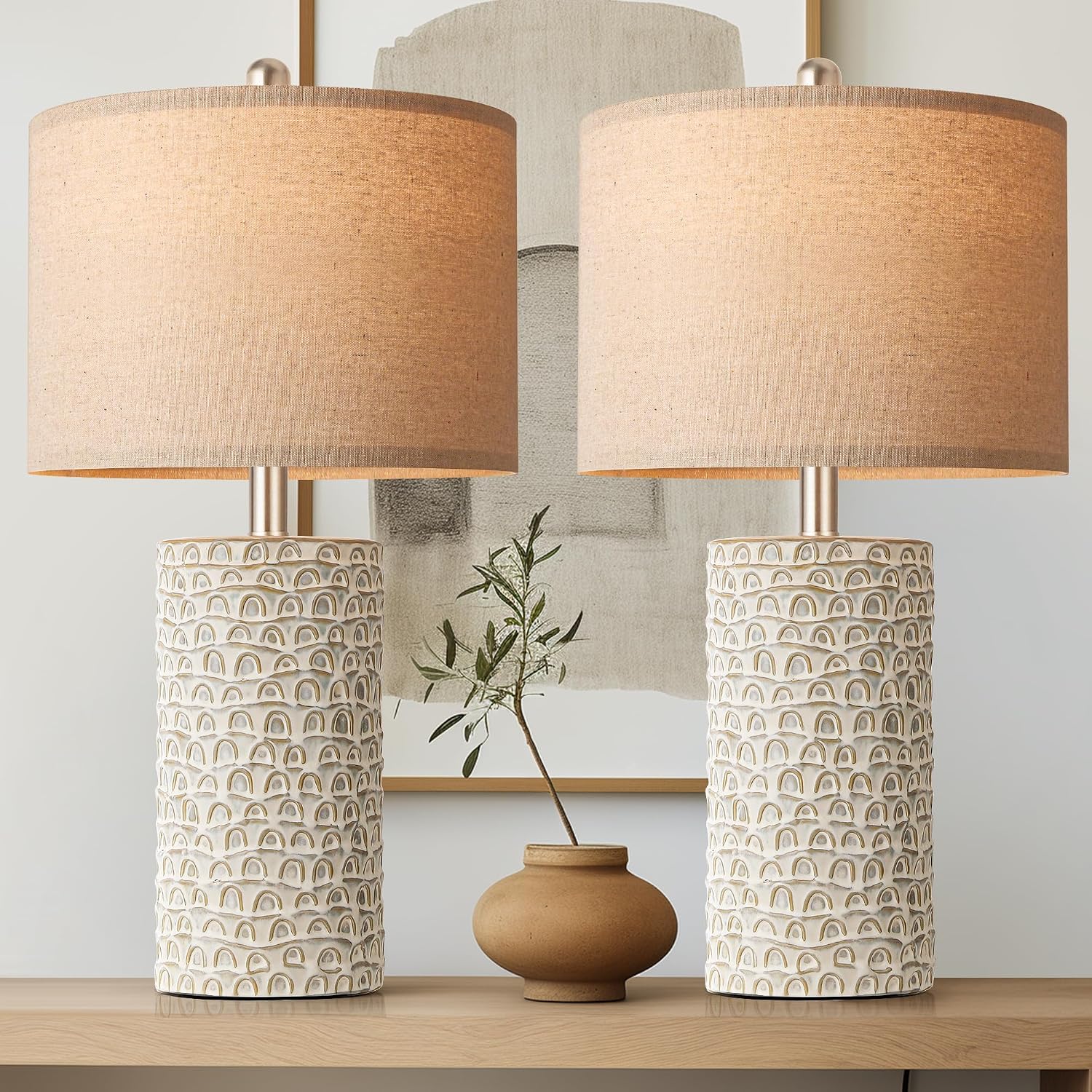 PARTPHONER 23" Modern Ceramic Table Lamp Set of 2, Table Lamps for Living Room, Rustic Farmhouse Bedside Lamps Nightstand lamp for…