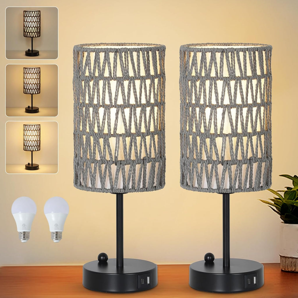 Gray Bedside Lamps Set of 2, Touch Control Night Stand Lamp for Bedroom with Rattan & Linen Shade & Bulbs, 3 Way Dimmable Small Boho…