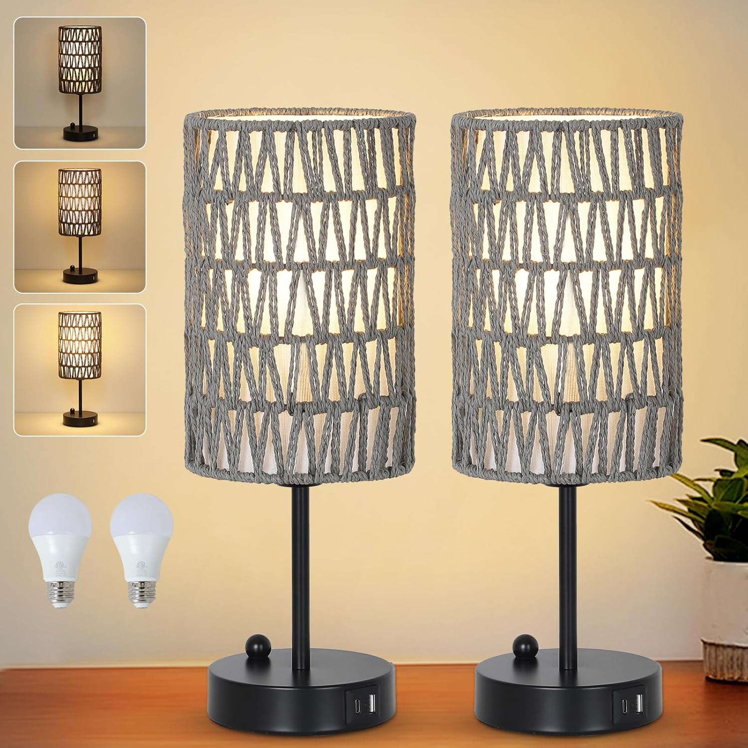 Gray Bedside Lamps Set of 2, Touch Control Night Stand Lamp for Bedroom with Rattan & Linen Shade & Bulbs, 3 Way Dimmable Small Boho…