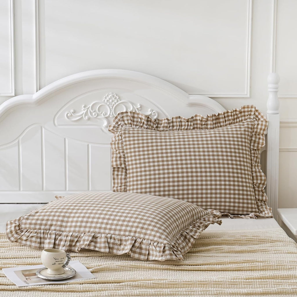 Qilunn 2 Pack Taupe White Plaid Gingham Ruffle Pillow Shams Standard Size 20x26 inches, 100% Washed Cotton Checkered Farmhouse Pillow Cover…
