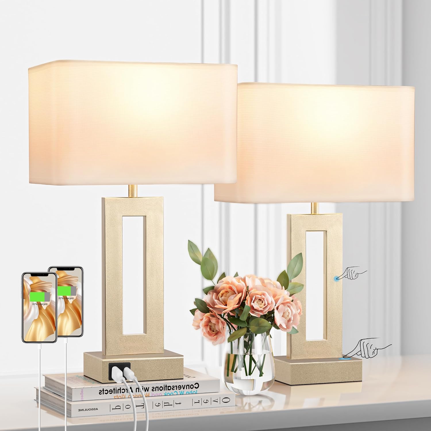 Seealle Bedroom Table Lamps Set of 2 - Touch Bedside Lamps with USB C+A, 3 Way Dimmable Gold Lamp for Nightstand, Modern Night Stands…