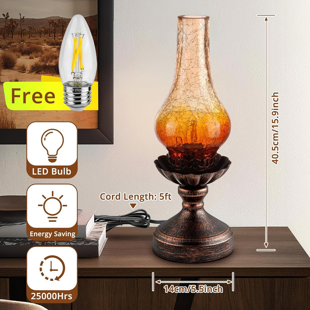 Vintage Table Lamp with Amber Gradient Crackle Glass Shade, Touch Control & 3-Way Dimmable Rustic Retro Farmhouse Bedside Lamp for…