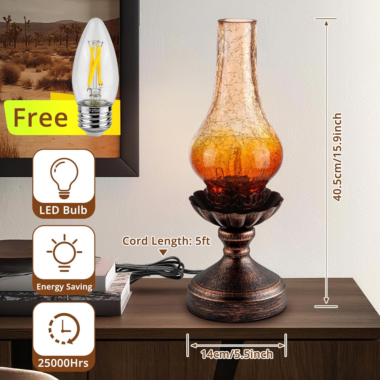 Vintage Table Lamp with Amber Gradient Crackle Glass Shade, Touch Control & 3-Way Dimmable Rustic Retro Farmhouse Bedside Lamp for…