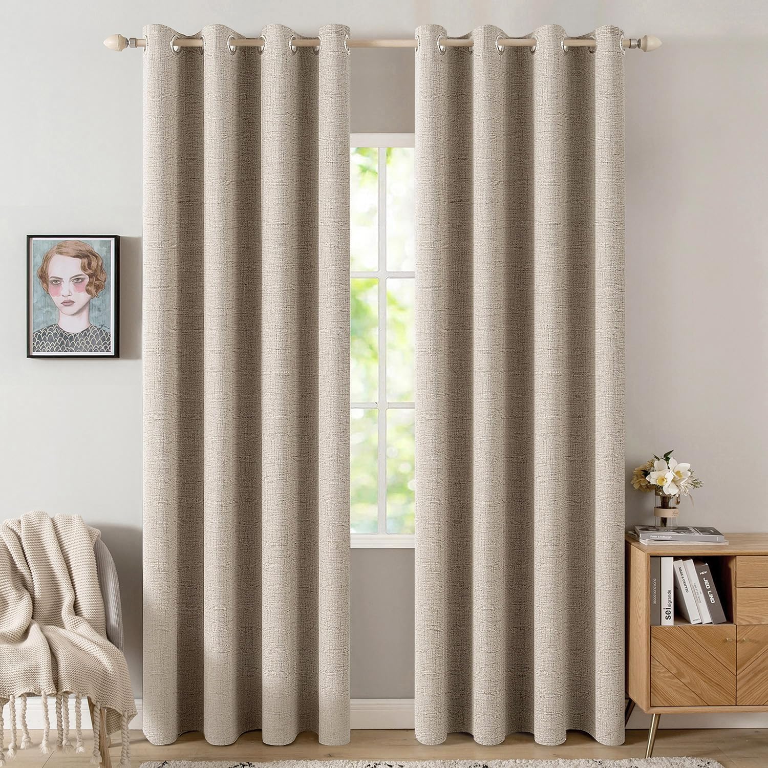 Miulee Linen Textured Curtains Solid 100% Blackout for Bedroom Thermal Insulated Taupe Grommet Room Darkening Curtains & Drapes Luxury Deco…