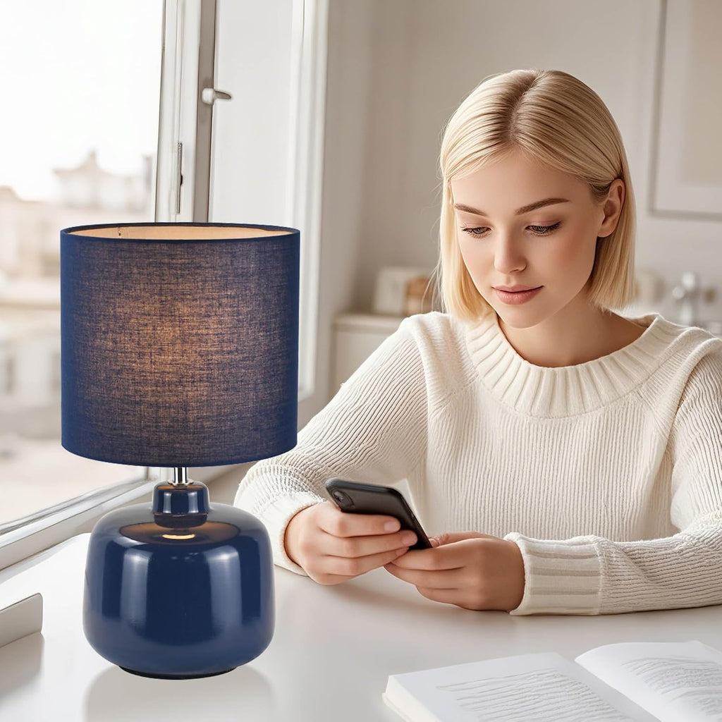 Oslo Small Ceramic Table Lamp for Living Room and Bedroom, Modern Kids Night Table Lamp, Φ7.09×H13.39IN, Bulb Excluded, Light Pink, Navy Blue