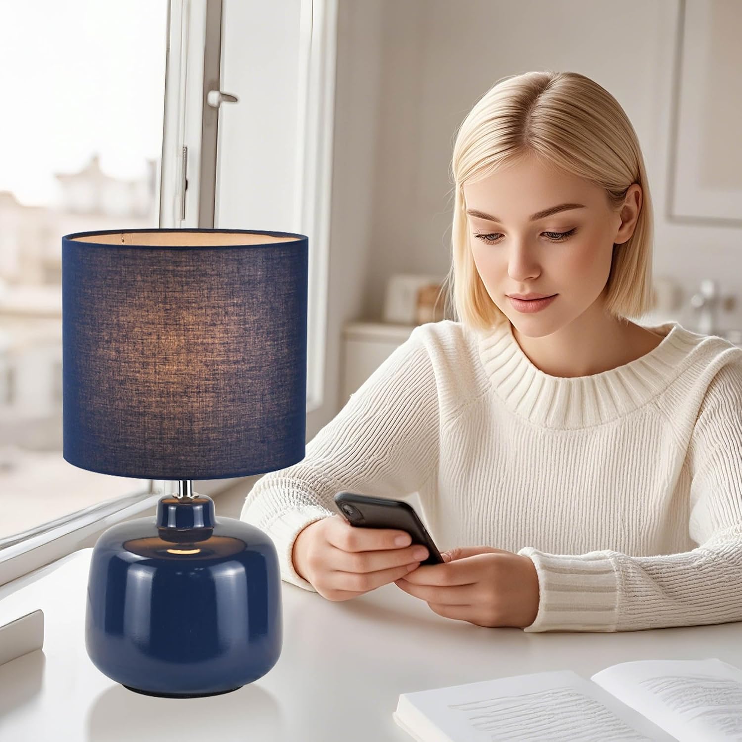 Oslo Small Ceramic Table Lamp for Living Room and Bedroom, Modern Kids Night Table Lamp, Φ7.09×H13.39IN, Bulb Excluded, Light Pink, Navy Blue