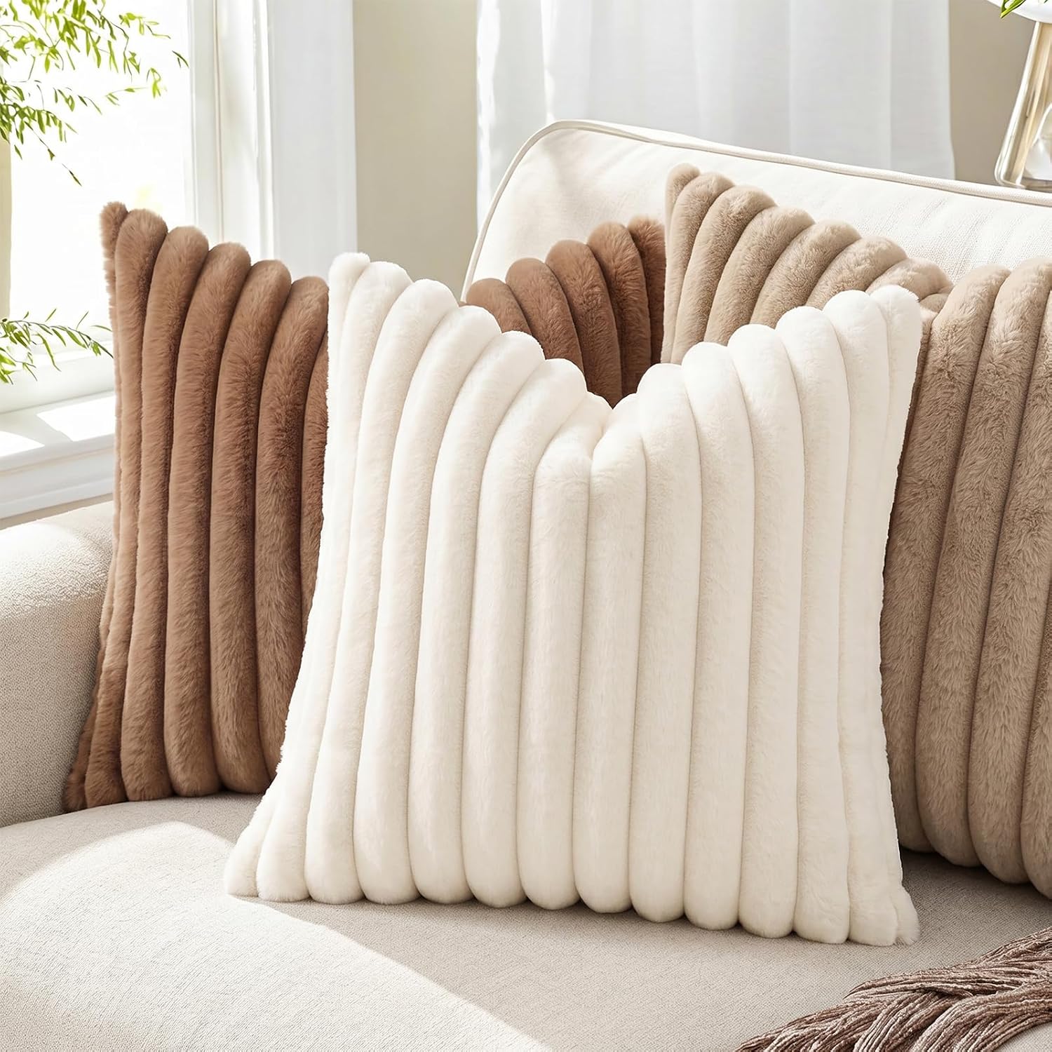 Pallene Faux Fur Plush Fall Throw Pillow Covers 16x16 Set of 2, Luxury Soft Fluffy Striped Decorative Pillow Covers for Sofa, Couch…