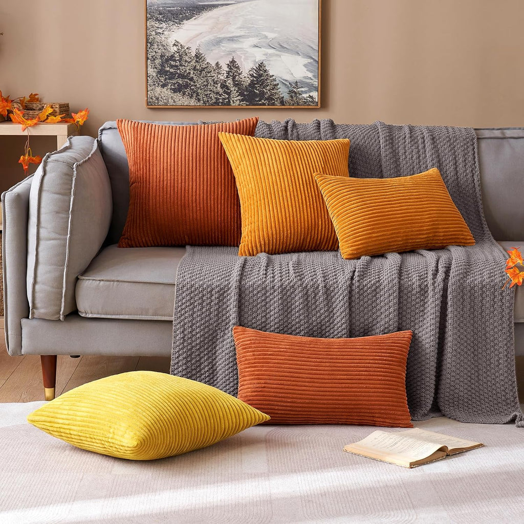 MIULEE Pack of 2 Burnt Orange Pillow Covers 16x16 Inch Soft Boho Striped Corduroy Throw Pillow Covers Set Decorative Square Cushion Cases…