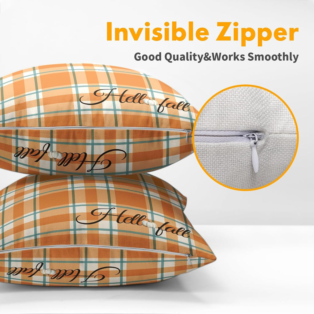 Orange Stripe Fall Throw Pillow Cover 18x18 Inch Set of 2 Hello Fall Stripes Buffalo Plaid Decorative Pillow Protector Pumpkin Autumn…