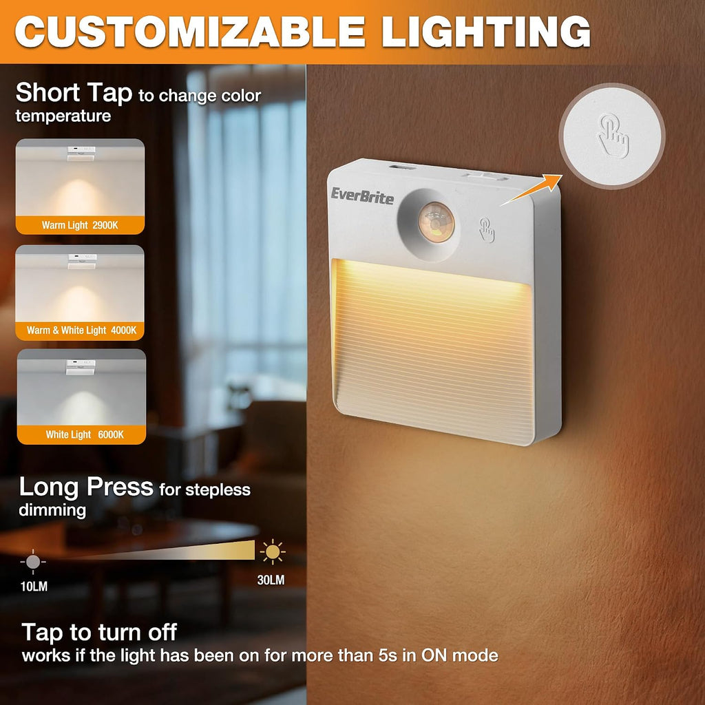 EverBrite Rechargeable Square Motion Sensor LED Night Light, Motion Activated LED Night Light with 3 Lighting Modes, Touch Control, 3…