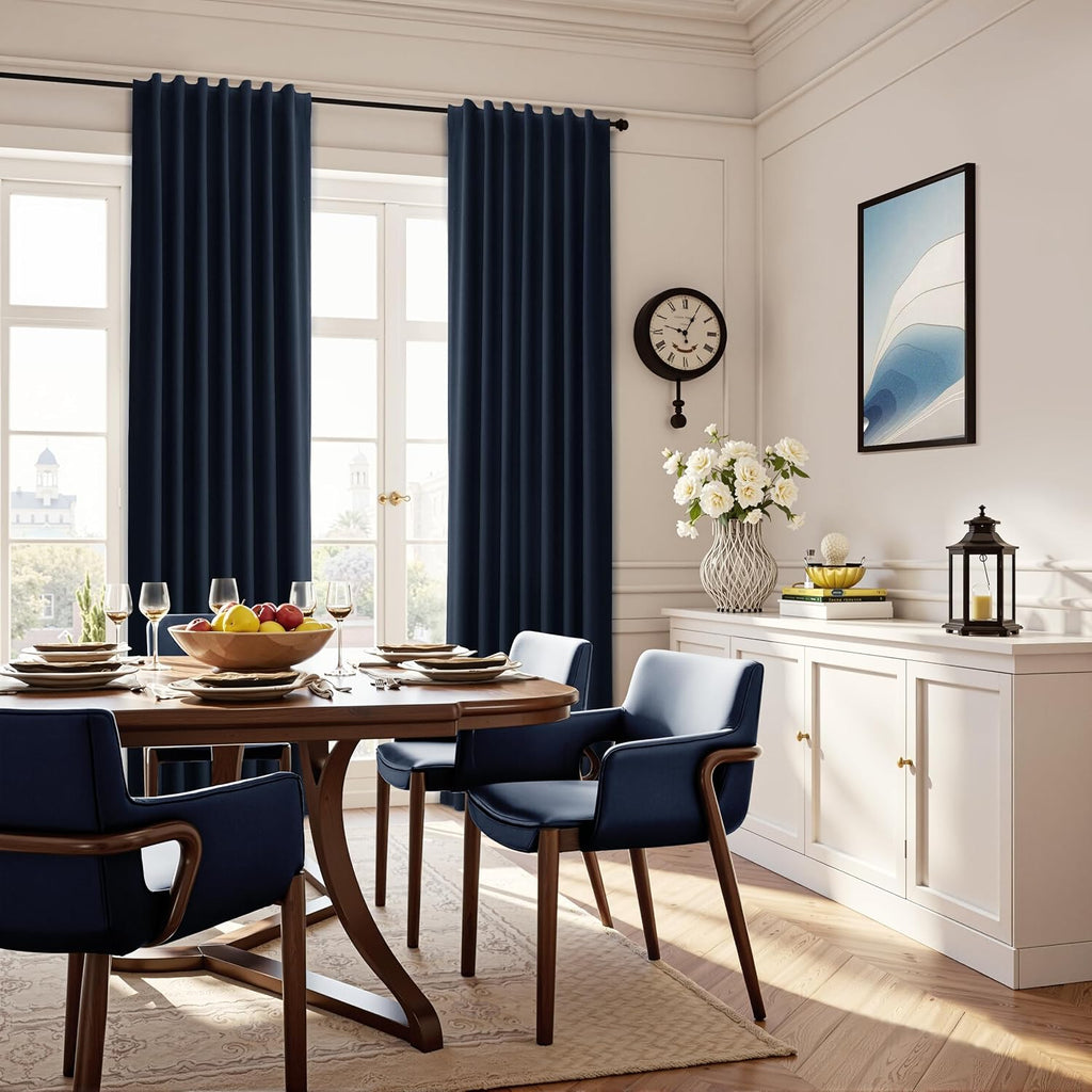 Guken Navy Blue 100% Blackout Linen Curtains for Bedroom 90 Inches Long 2 Panels Set Elegant Textured Back Tab Hook Belt Room Darkening The…