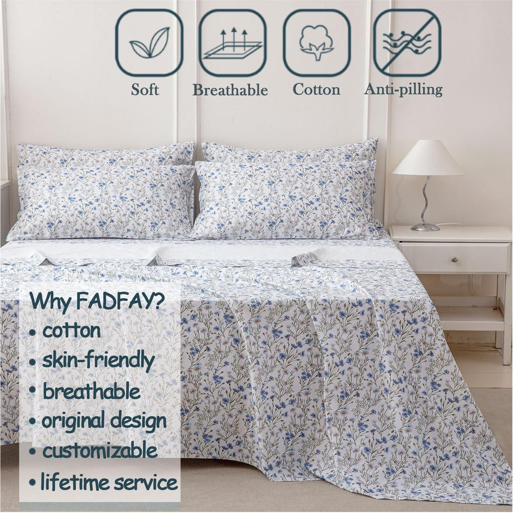 FADFAY 100% Cotton Percale Sheet Set Twin – Blue Meadow Floral Bedding, Vintage Wildflower Botanical Sheets, Soft Breathable Deep Pocket…