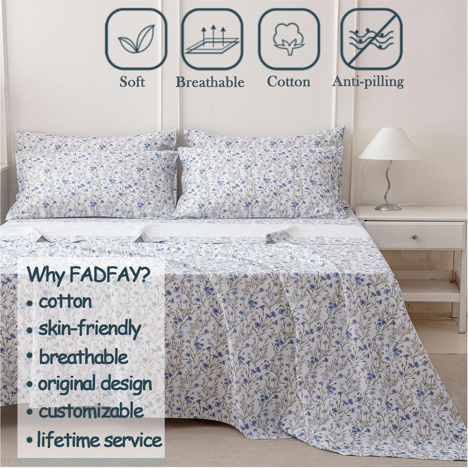 FADFAY 100% Cotton Percale Sheet Set Twin – Blue Meadow Floral Bedding, Vintage Wildflower Botanical Sheets, Soft Breathable Deep Pocket…