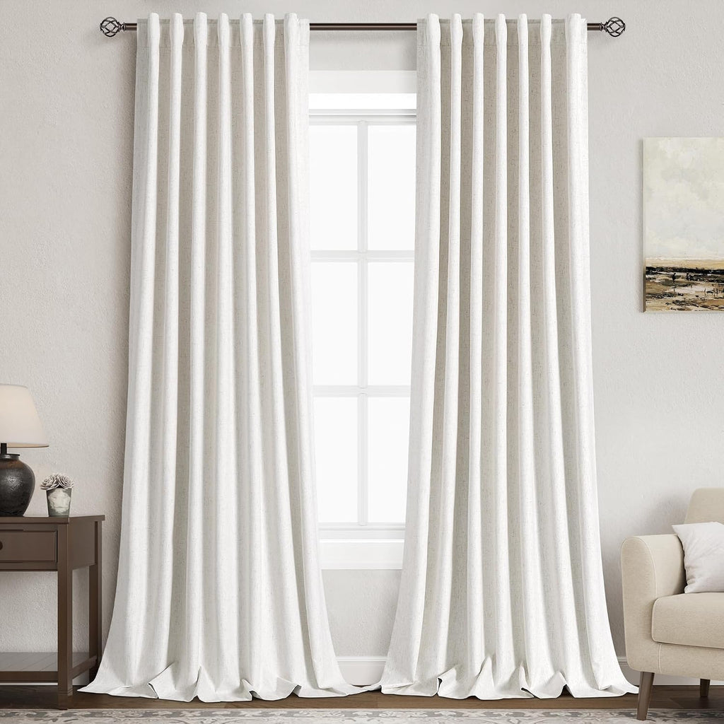 Nanspring Cream 100% Blackout Linen Curtains for Bedroom 94 Inches Long Back Tab Thermal Insulated Neutral Boho Farmhouse Decor Black Out C…