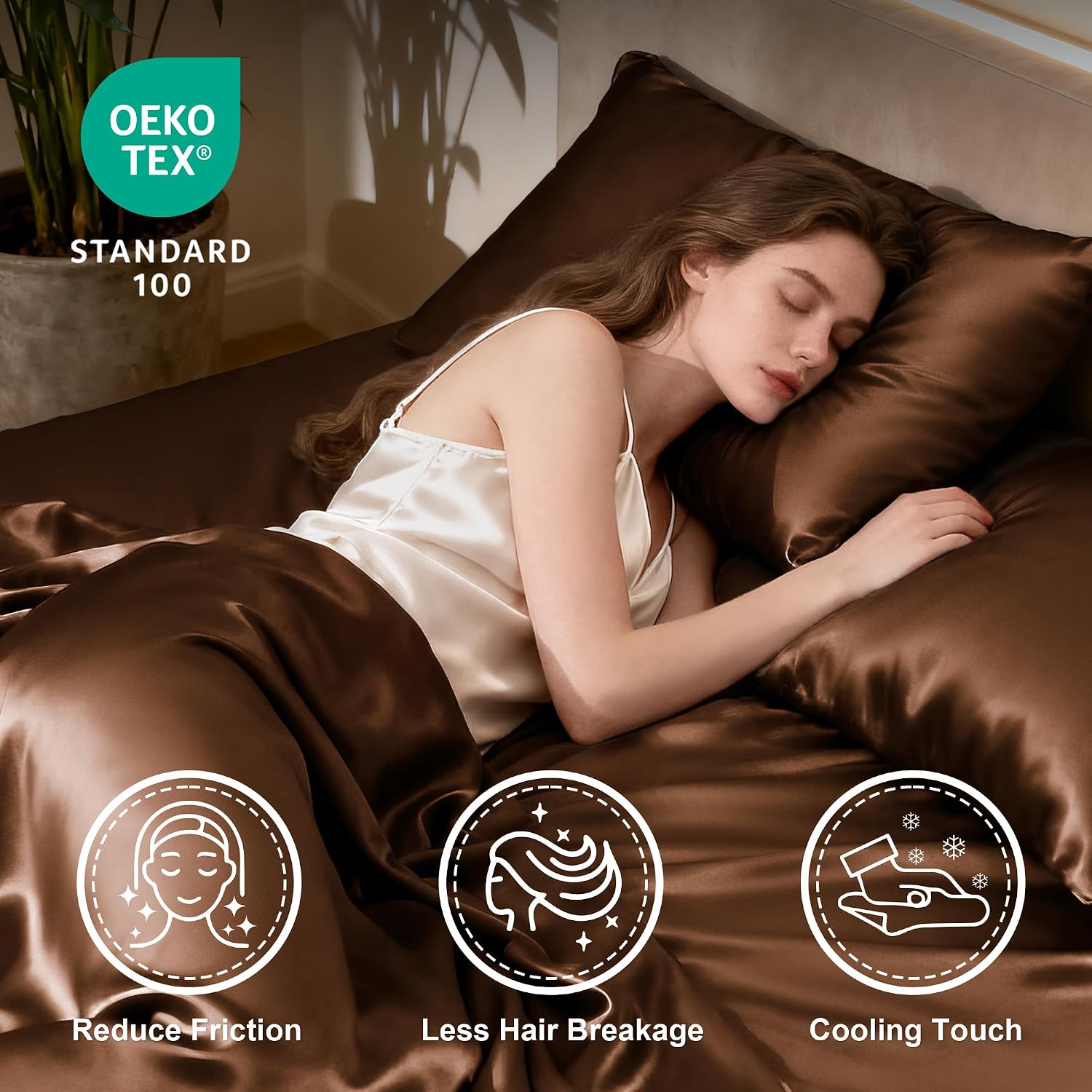 Lovescabin Love's cabin 4Piece California King Satin Bed Linen Set, Brown Silky Satin Sheets, Deep Pocket, Luxury Silk Feel, 1 Flat, 1 Fitt…