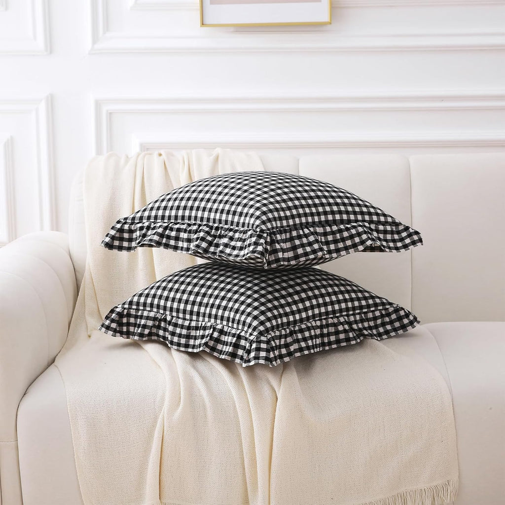 Kmasaniji 2 Pack Black White Plaid Ruffle Gingham Throw Pillow Covers, 100% Washed Cotton Buffalo Checkered Farmhouse Pillow Shams - 18''x1…